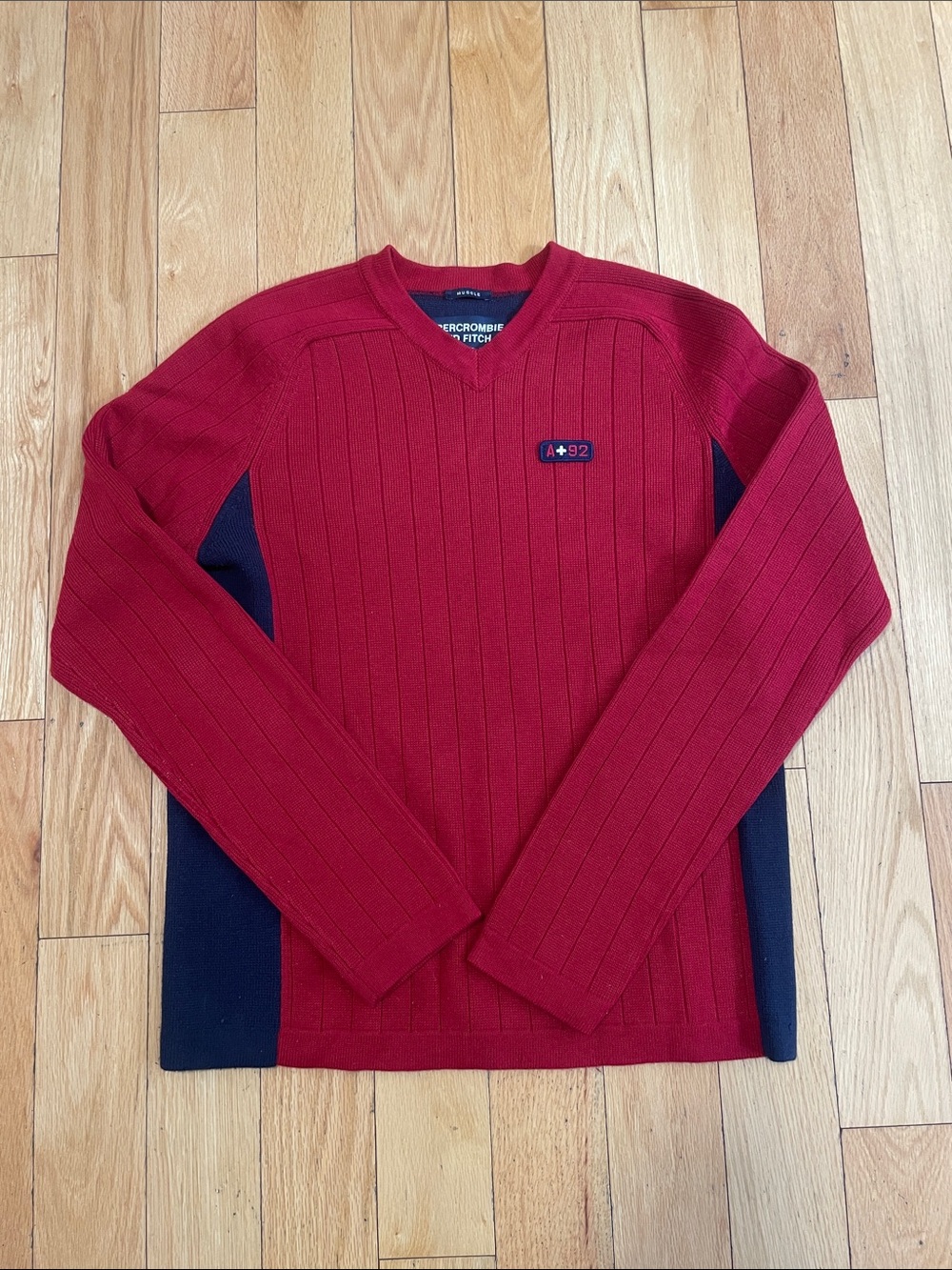Abercrombie & Fitch Men's Red V-Neck Sweater with Navy Panels